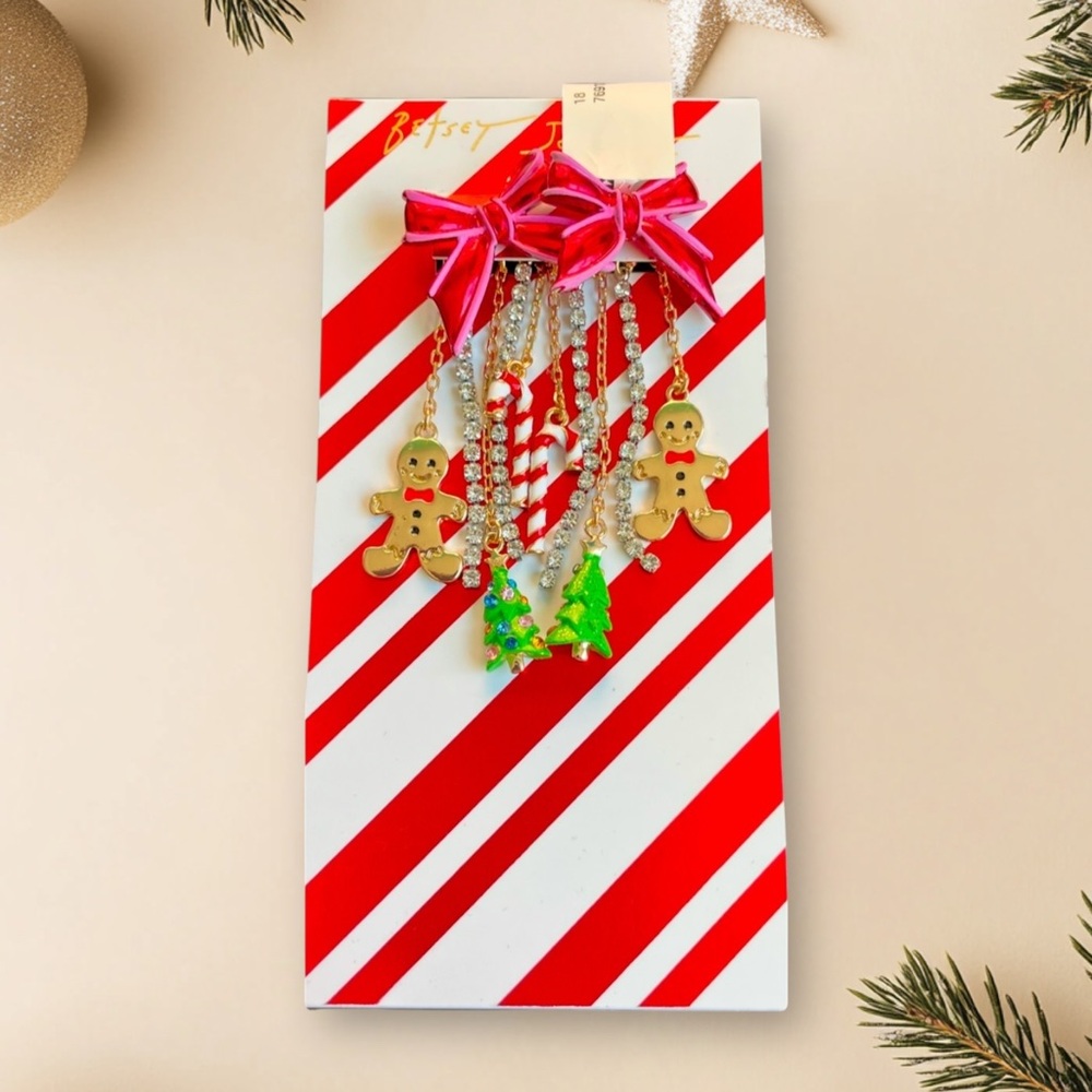 Betsey Johnson gingerbread people Christmas tree, candy, cane bow earrings